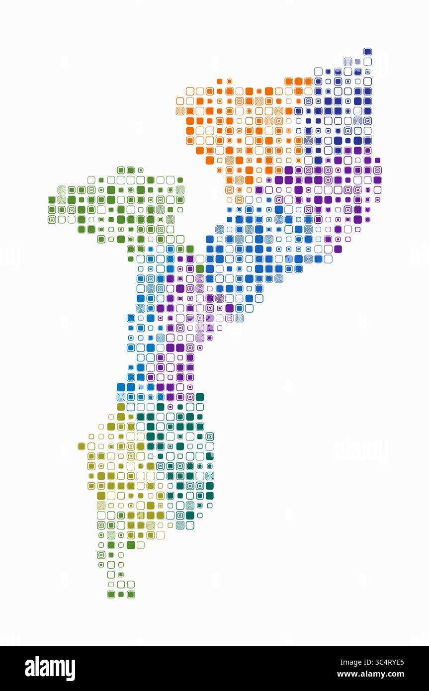 Mozambico, forma del paese costruito di celle colorate. Mappa digitale del Mozambico su sfondo bianco. Blocchi quadrati arrotondati di piccole dimensioni. Illustrazione Vettoriale
