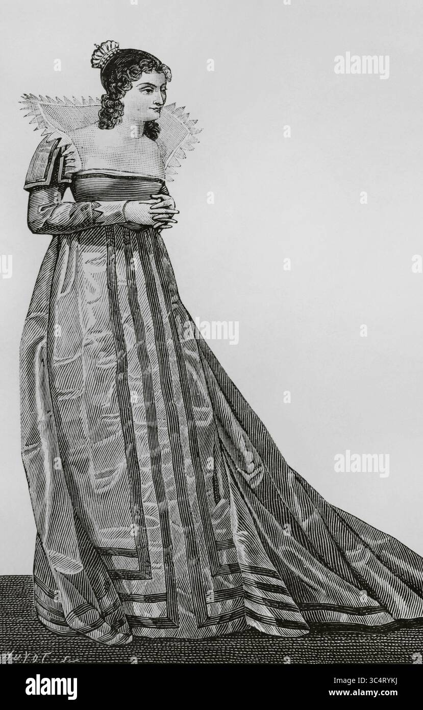 Charlotte Vanhove (1771-1860). Attrice teatrale francese. È stata attivamente coinvolta nella Comédie-Francoise dal 1786. Vanhove nel ruolo di Milady Clara nella commedia "la Jeunesse de Henri V" (la gioventù di Enrico V). Atto i, scena I. fu eseguito al Théâtre-francese di Parigi il 9 giugno 1806. Incisione di Huyot dopo una stampa contemporanea. Directoire, Consolato et Empire. Moeurs et usages, lettres, Sciences et Arts Francia, 1795-1815” (Direttorio, Consolato e Impero di Francia. Costumi e tradizioni, lettere, scienze e arti Francia, 1795-1815), di Paul Lacroix. Pubblicato a Parigi, 1884 Foto Stock