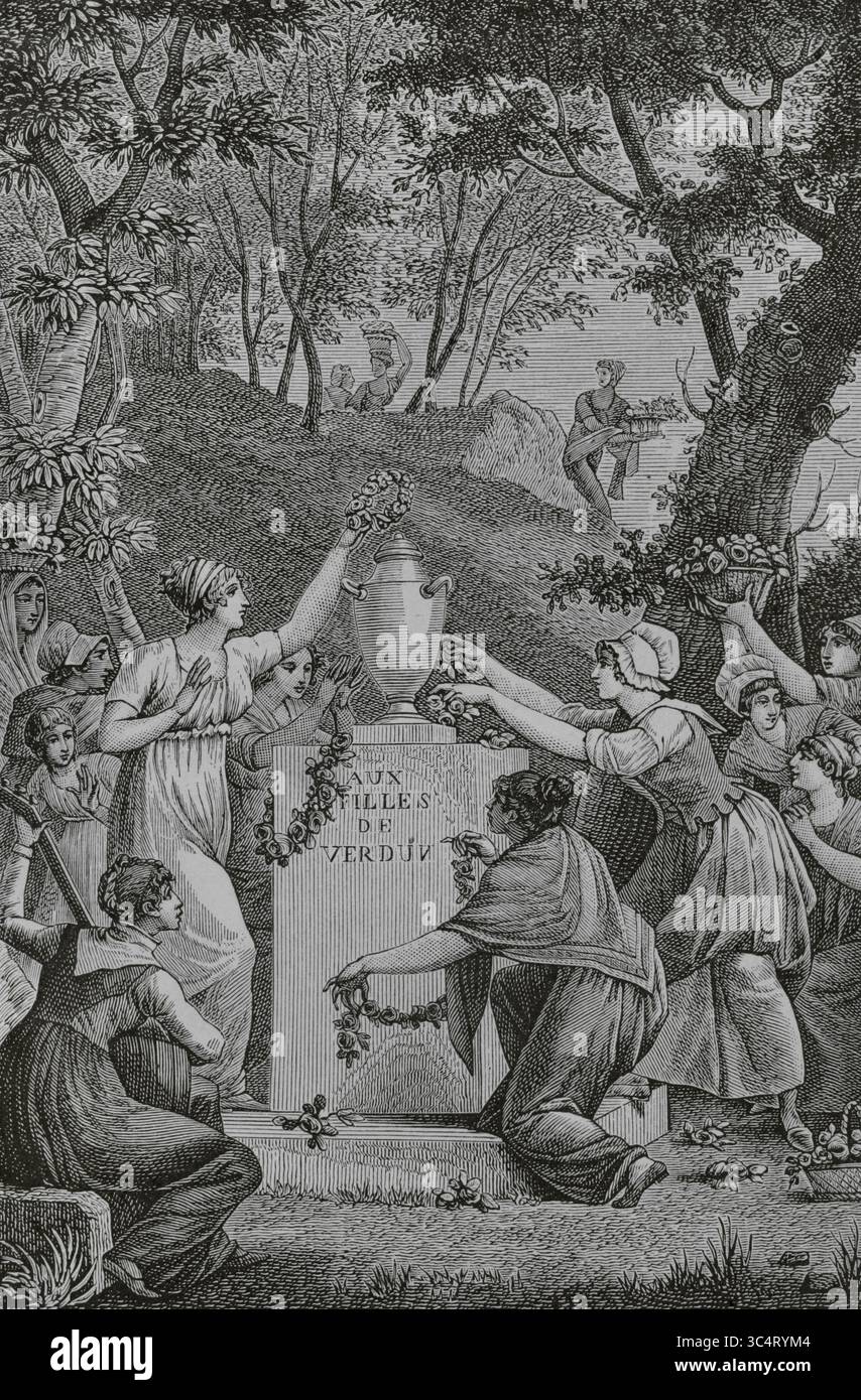 "La Pitié", poema in quattro canti del poeta francese Jacques Delille (1738-1813) scritto nel 1803. Delille critica gli eccessi della rivoluzione francese ed esprime compassione per i coloni, affrontando la schiavitù nelle colonie. Scena dal terzo canto. Disegno di Monsiau. Incisione di Duparc. Directoire, Consolato et Empire. Moeurs et usages, lettres, Sciences et Arts Francia, 1795-1815” (Direttorio, Consolato e Impero di Francia. Costumi e tradizioni, lettere, scienze e arti Francia, 1795-1815), di Paul Lacroix. Pubblicato a Parigi, 1884. Foto Stock