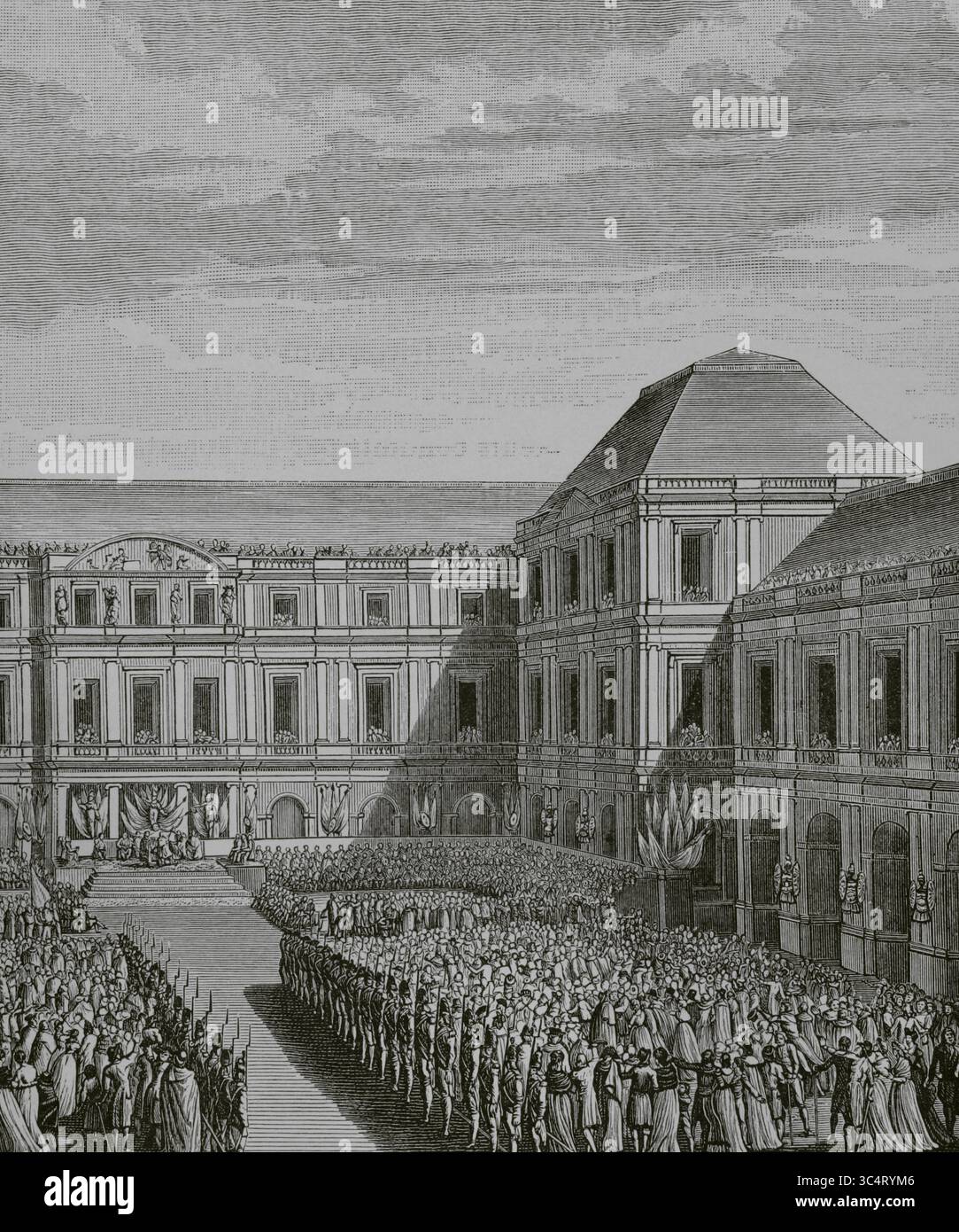 Parigi, Francia. Il governo francese accoglie Napoleone dopo la firma del trattato di campo Formio il 17 ottobre 1797 a Villa Manin (Passariano). La cerimonia si è tenuta il 10 dicembre 1797, presso il Palazzo del Lussemburgo, sede del Direttorio francese. Illustrazione di Girardet. Incisione di Berthault (1737-1831). Directoire, Consolato et Empire. Moeurs et usages, lettres, Sciences et Arts Francia, 1795-1815” (Direttorio, Consolato e Impero di Francia. Costumi e tradizioni, lettere, scienze e arti Francia, 1795-1815), di Paul Lacroix. Pubblicato a Parigi, 1884. Foto Stock