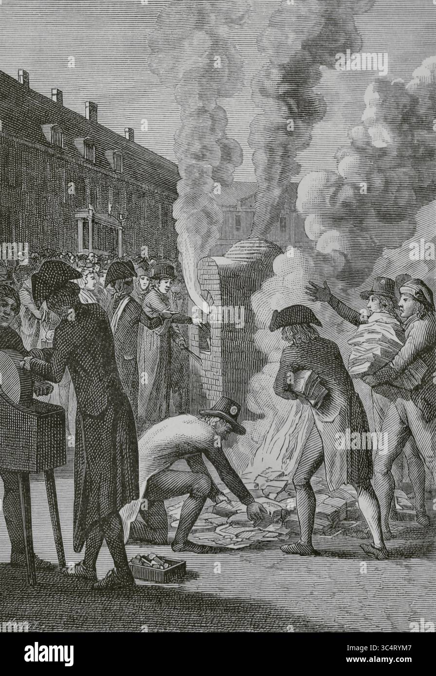 Rivoluzione francese. Incendio di "assignat" in Place Vendôme, Parigi, il 19 febbraio 1796. In tale data, il Direttorio abolì definitivamente l'uso di "assegnatari", rendendoli privi di alcun valore monetario. Le macchine da stampa, i punzoni, le matrici e altri materiali utilizzati per la carta-moneta sono stati bruciati e distrutti. Incisione di Huyot dopo un'illustrazione tedesca. Directoire, Consolato et Empire. Moeurs et usages, lettres, Sciences et Arts Francia, 1795-1815” (Direttorio, Consolato e Impero di Francia. Costumi e tradizioni, lettere, scienze e arti Francia, 1795-1815), di Paul Lacroix. Publis Foto Stock