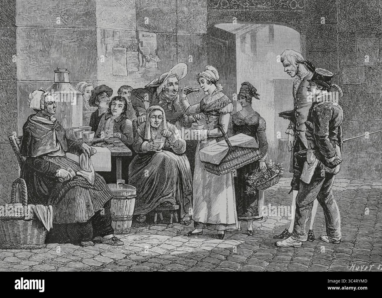 Francia. "Le Café Ambulant" (la caffetteria itinerante), 1821. Incisione di Huyot dopo Philibert-Louis Debucourt (1755-1832). Directoire, Consolato et Empire. Moeurs et usages, lettres, Sciences et Arts Francia, 1795-1815” (Direttorio, Consolato e Impero di Francia. Costumi e tradizioni, lettere, scienze e arti Francia, 1795-1815), di Paul Lacroix. Pubblicato a Parigi, 1884. Foto Stock