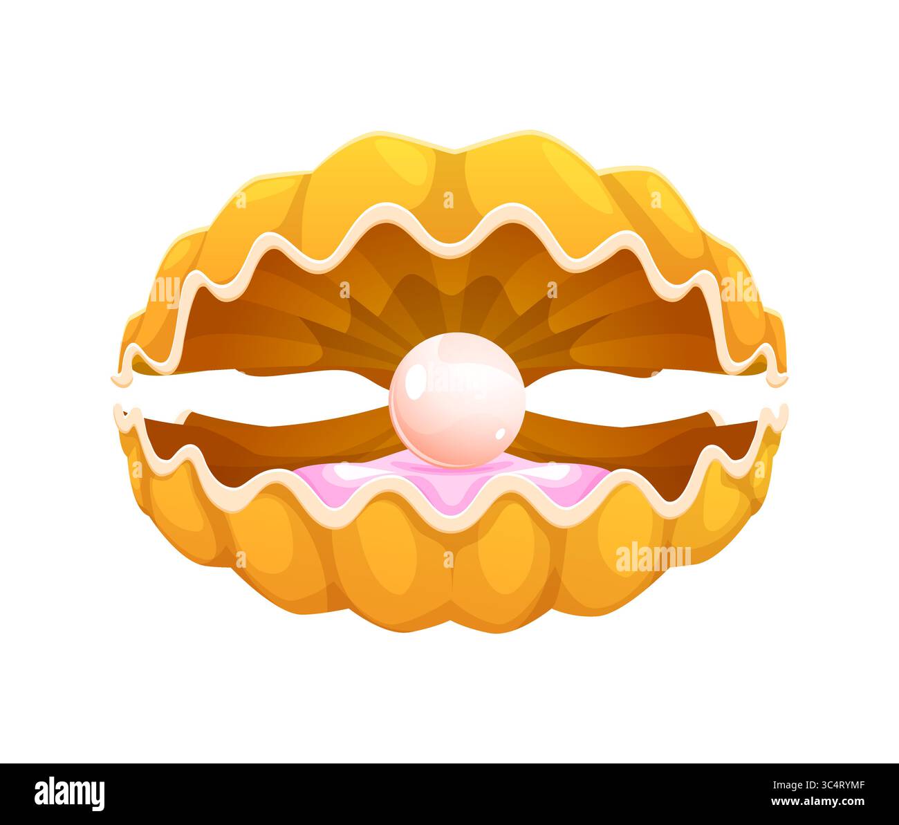 Conchiglia di perle o capesante con perle, conchiglia di cartoni animati con gioielli del tesoro, vettore isolato. Conchiglia di capesante aperta o conchiglia di perle gialle con palla di perle per molluschi sottomarini o sottomarini Illustrazione Vettoriale