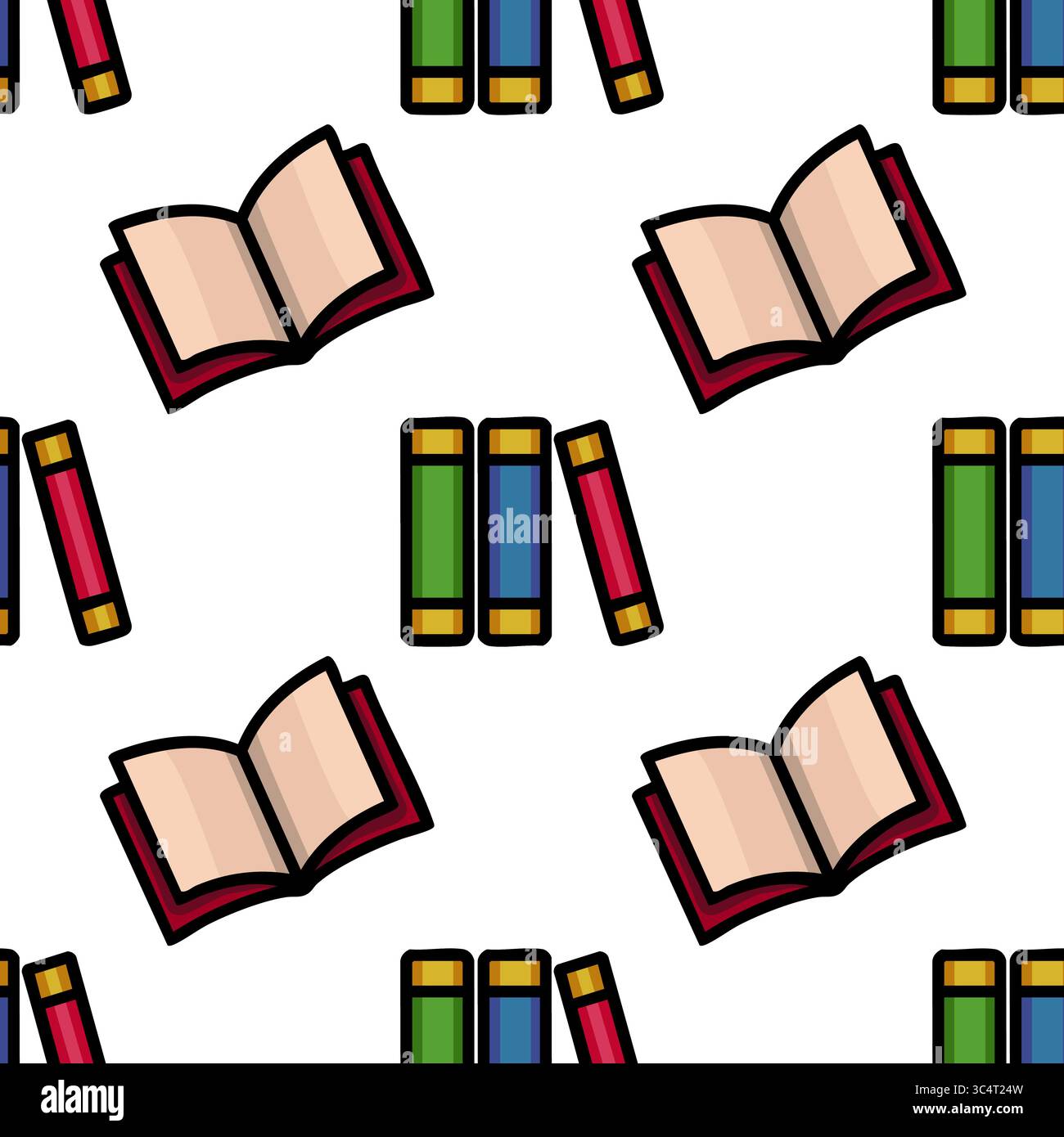 Motivo vettoriale senza cuciture con libri colorati e pagine aperte, ideale per progetti didattici o progetti a tema bibliotecaria. Illustrazione Vettoriale