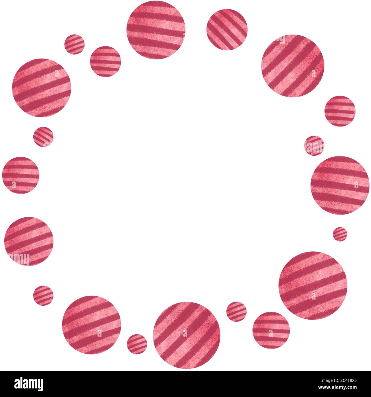 Allegra cornice circolare realizzata con palline a strisce color acquerello dai toni rossi. Perfetto per layout decorativi, inviti alla baby shower e biglietti d'auguri Foto Stock