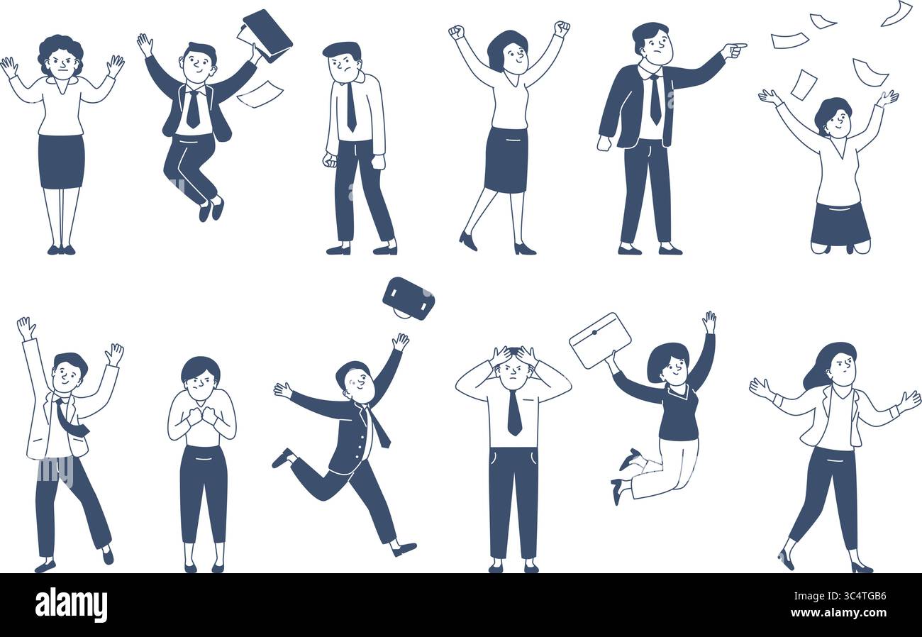 Umore degli impiegati. I manager in tuta tifo e arrabbiati. Uomo donna in pose attive, emozioni diverse. Caratteri vettoriali recenti occupati, felici e stanchi Illustrazione Vettoriale