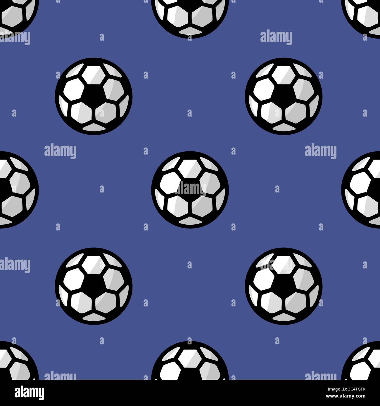Un motivo vettoriale senza cuciture con palline da calcio eleganti con sfumature sottili su sfondo blu intenso, ideale per design a tema sportivo e tessuti Illustrazione Vettoriale