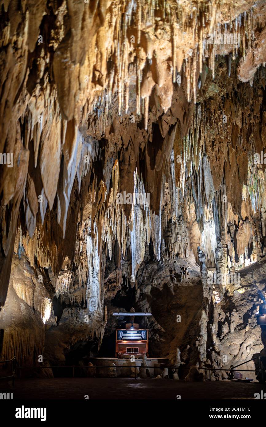 Luray Caverns Great Stalacpipe Organ Luray Virginia // LURAY, Virginia — The Great Stalacpipe Organ performance at Luray Caverns dimostra lo strumento musicale più grande del mondo, creato tra il 1954-1957 dal matematico del Pentagono Leland W. Sprinkle. Il litofono ad azionamento elettrico trasforma 37 stalattiti accuratamente sintonizzate su 3,5 acri in uno strumento musicale funzionale utilizzando mazzuoli in gomma controllati da solenoide collegati da chilometri di cablaggio elettrico. Sprinkle ha testato oltre 3.000 stalattiti in tutto il sistema delle caverne di 64 acri, selezionando formazioni di dimensioni e passo appropriati Foto Stock
