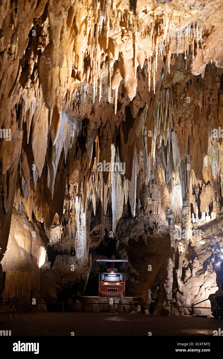 Luray Caverns Great Stalacpipe Organ Luray Virginia // LURAY, Virginia — The Great Stalacpipe Organ performance at Luray Caverns dimostra lo strumento musicale più grande del mondo, creato tra il 1954-1957 dal matematico del Pentagono Leland W. Sprinkle. Il litofono ad azionamento elettrico trasforma 37 stalattiti accuratamente sintonizzate su 3,5 acri in uno strumento musicale funzionale utilizzando mazzuoli in gomma controllati da solenoide collegati da chilometri di cablaggio elettrico. Sprinkle ha testato oltre 3.000 stalattiti in tutto il sistema delle caverne di 64 acri, selezionando formazioni di dimensioni e passo appropriati Foto Stock