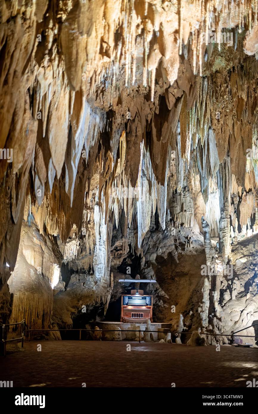 Great Stalacpipe Organ Luray Caverns Virginia // LURAY, Virginia — l'esecuzione del Great Stalacpipe Organ alle Luray Caverns dimostra lo strumento musicale più grande del mondo, creato tra il 1954-1957 dal matematico del Pentagono Leland W. Sprinkle. Il litofono ad azionamento elettrico trasforma 37 stalattiti accuratamente sintonizzate su 3,5 acri in uno strumento musicale funzionale utilizzando mazzuoli in gomma controllati da solenoide collegati da chilometri di cablaggio elettrico. Sprinkle ha testato oltre 3.000 stalattiti in tutto il sistema delle caverne di 64 acri, selezionando formazioni di dimensioni e passo appropriati per la creatura Foto Stock
