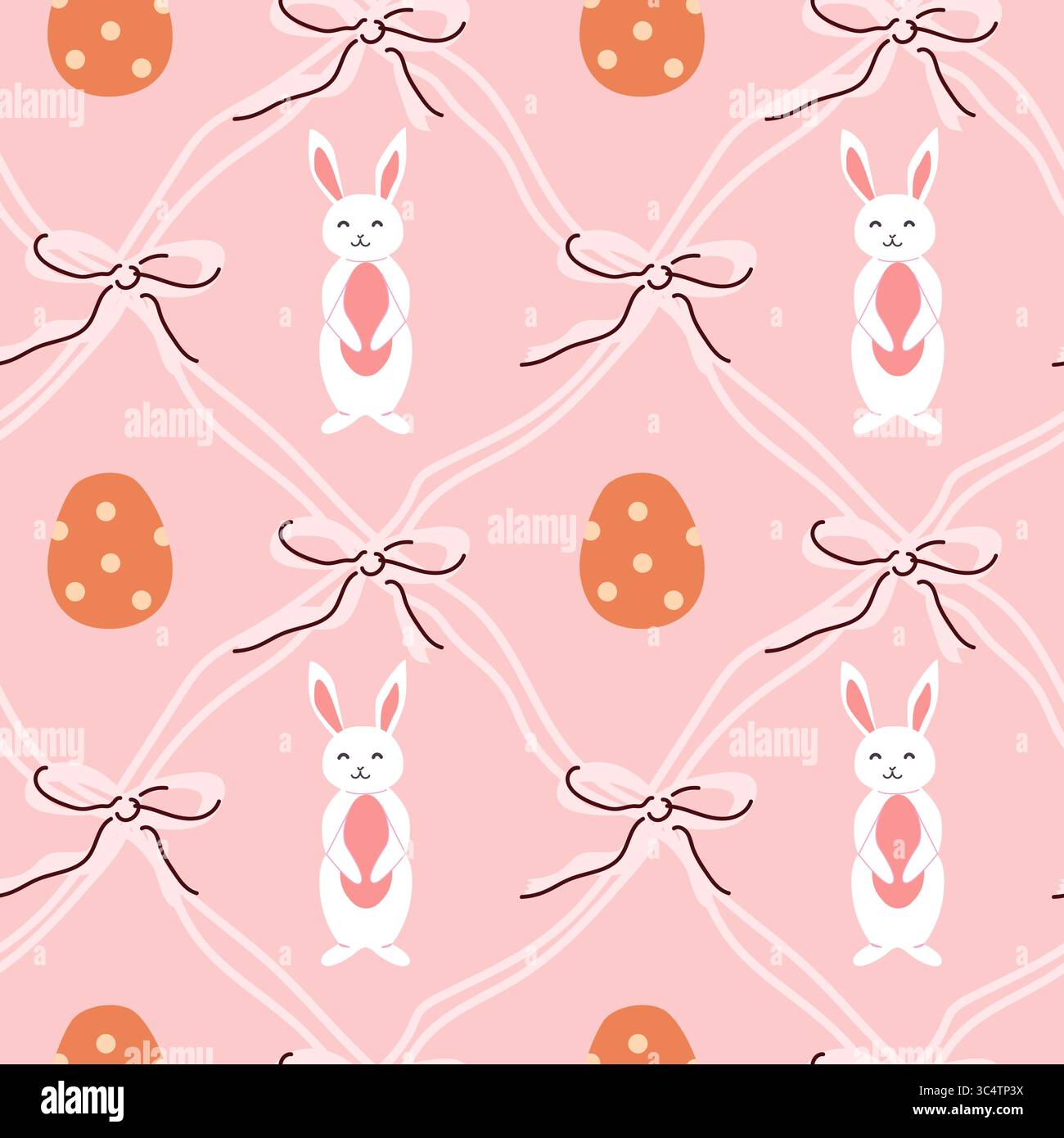 Coniglietto pasquale e motivo a base di uova senza cuciture con fiocchi rosa. Graziosi elementi pasquali su sfondo diagonale a griglia Illustrazione Vettoriale