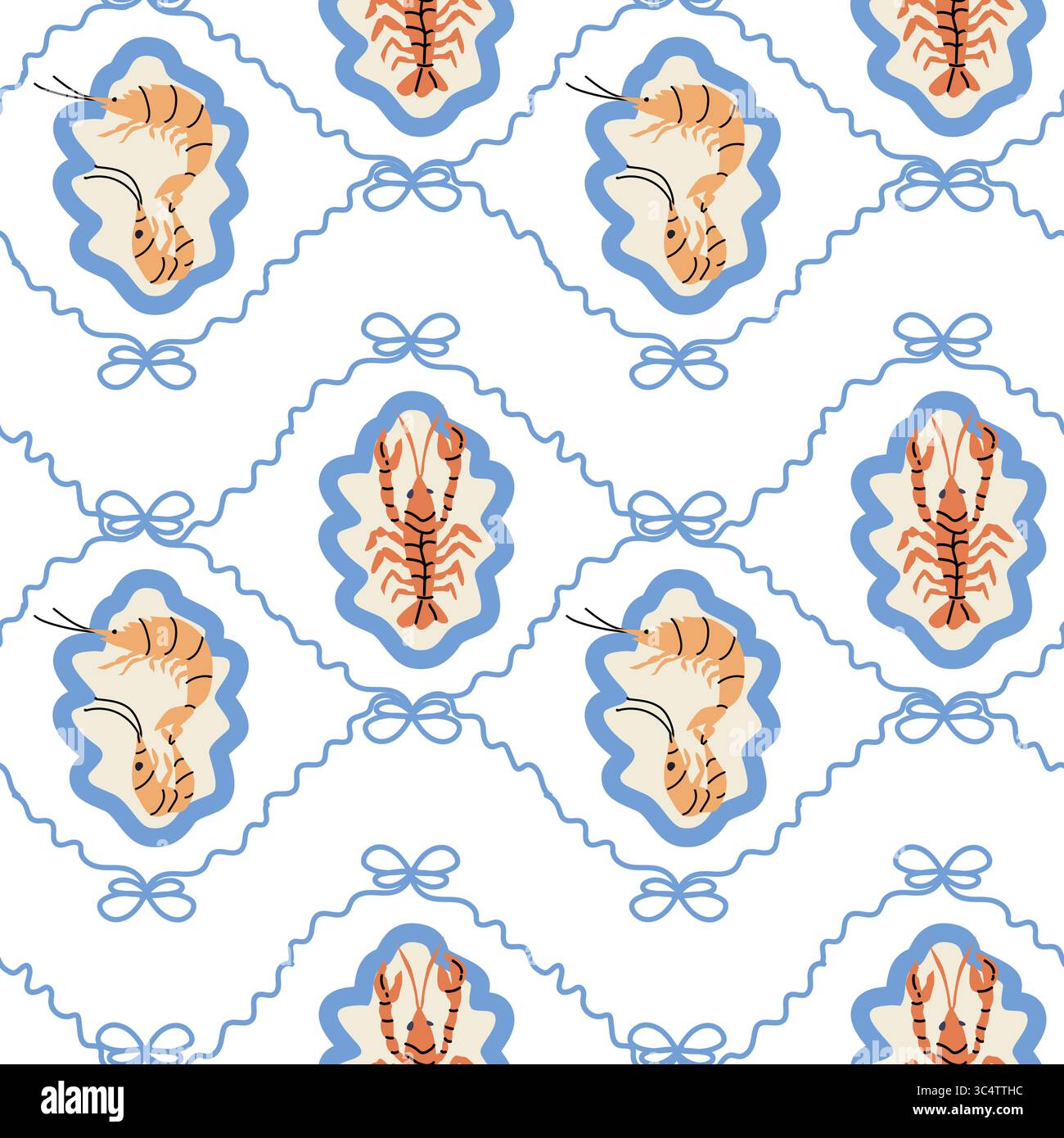Motivo nautico a tema aragosta con onde blu e cornici decorative. Illustrazione Vettoriale