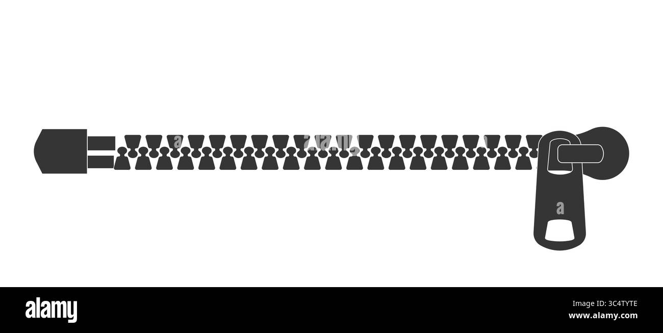 Silhouette con cerniera, blocco o sblocco con cerniera. Elemento di fissaggio scorrevole con estrattore. Cerniera aperta in tela. Abbigliamento accessori disegno semplice. Illustrazione vettoriale Illustrazione Vettoriale