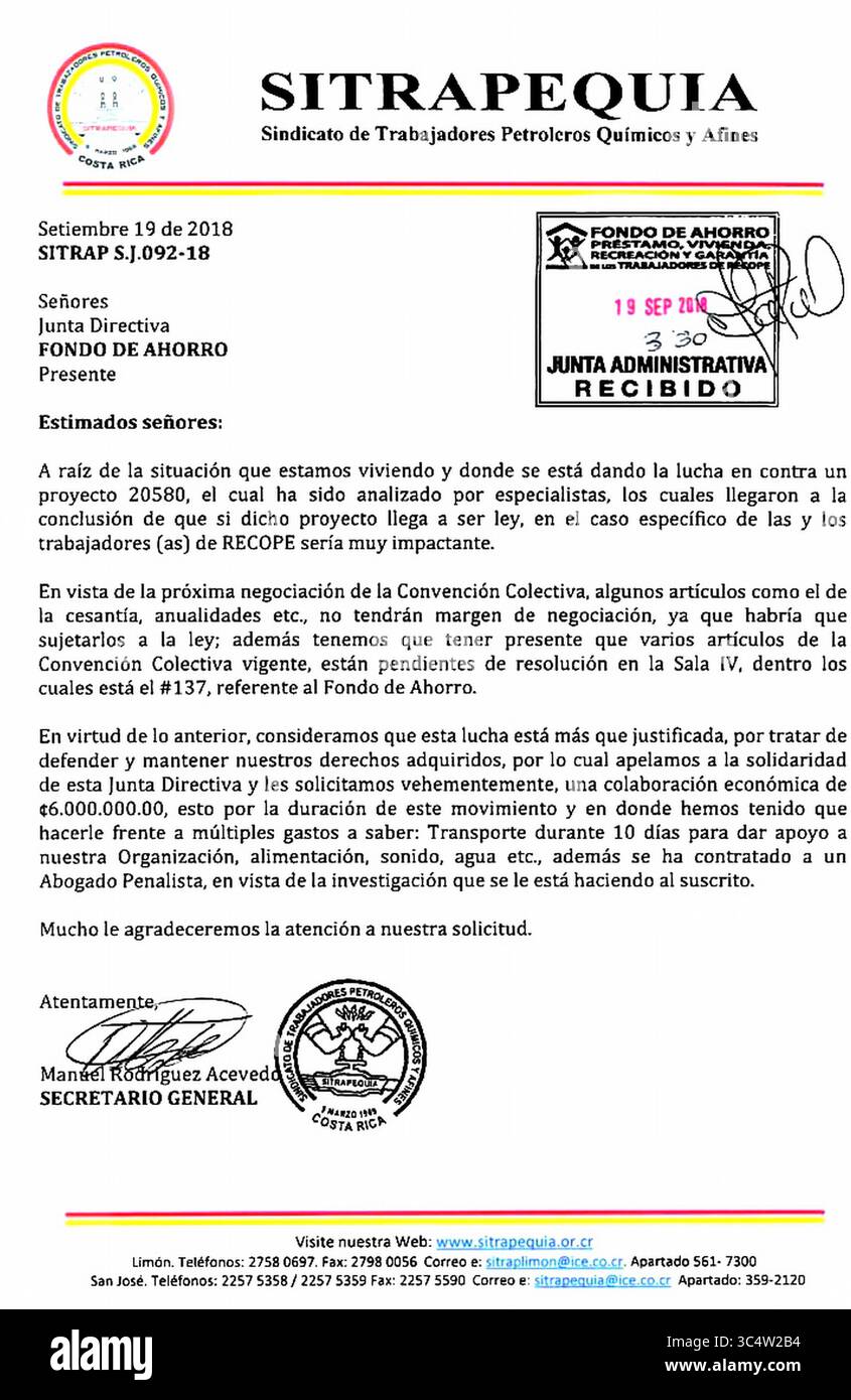 28 settembre 2018 - (28/09/2018) Esta fue la misiva enviada por el dirigente al Fondo. PROHIBIDO EL USO O REPRODUCCIÃ“N EN COSTA RICA. (Immagine di credito: © la Nacion via ZUMA Press) Foto Stock