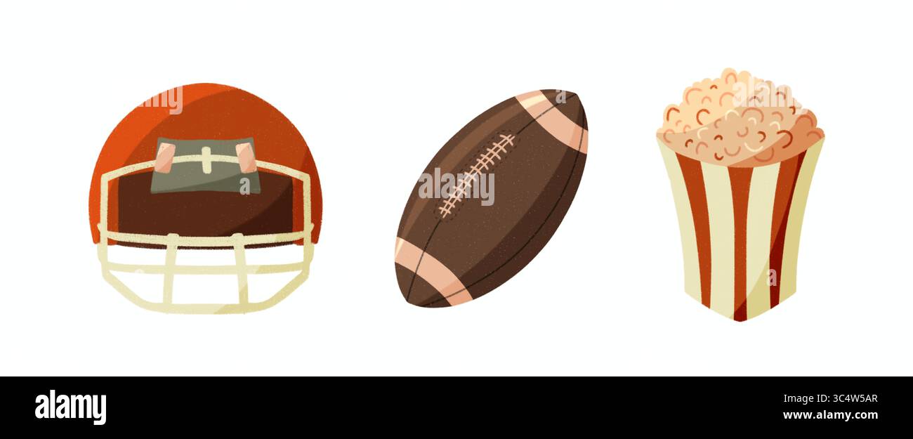 Set di illustrazioni isolato dal design piatto dell'elemento football americano per poster e striscioni Foto Stock