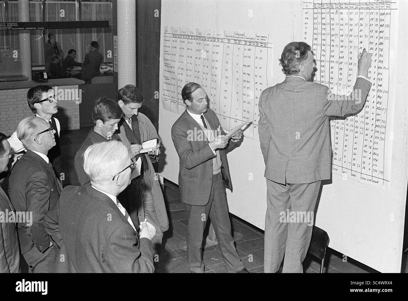 Varie foto elettorali intorno ad Haarlem, elezioni, 01-06-1966 Whizgle News, Dutch Desk, Paesi Bassi, 1950-2000 Un gruppo di professionisti osserva attentamente come un uomo scrive dati su una grande lavagna piena di grafici e numeri. Alcuni membri prendono appunti mentre altri si concentrano sulle informazioni registrate, riflettendo un'atmosfera collaborativa in un ambiente formale. Foto Stock
