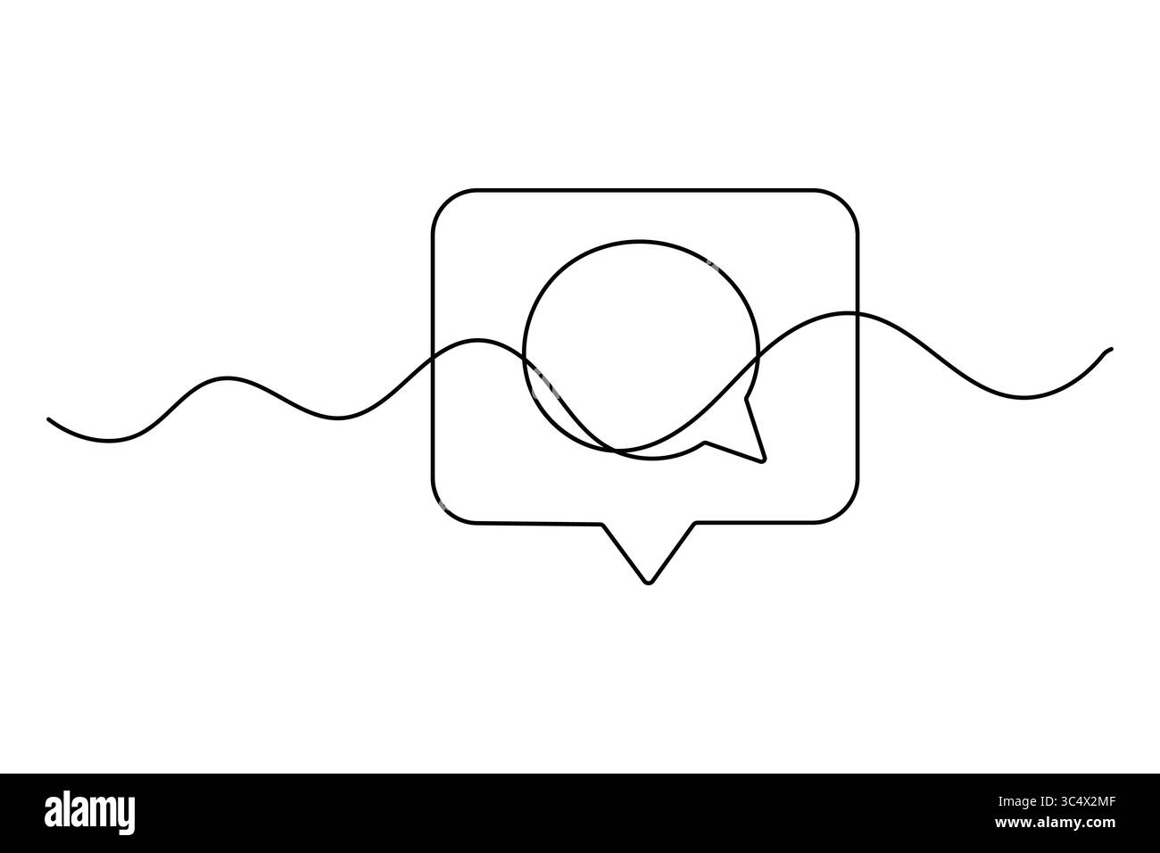 Grafica a linee continue con icona a forma di bolla vocale in stile minimale isolata su bianco pulito Illustrazione Vettoriale