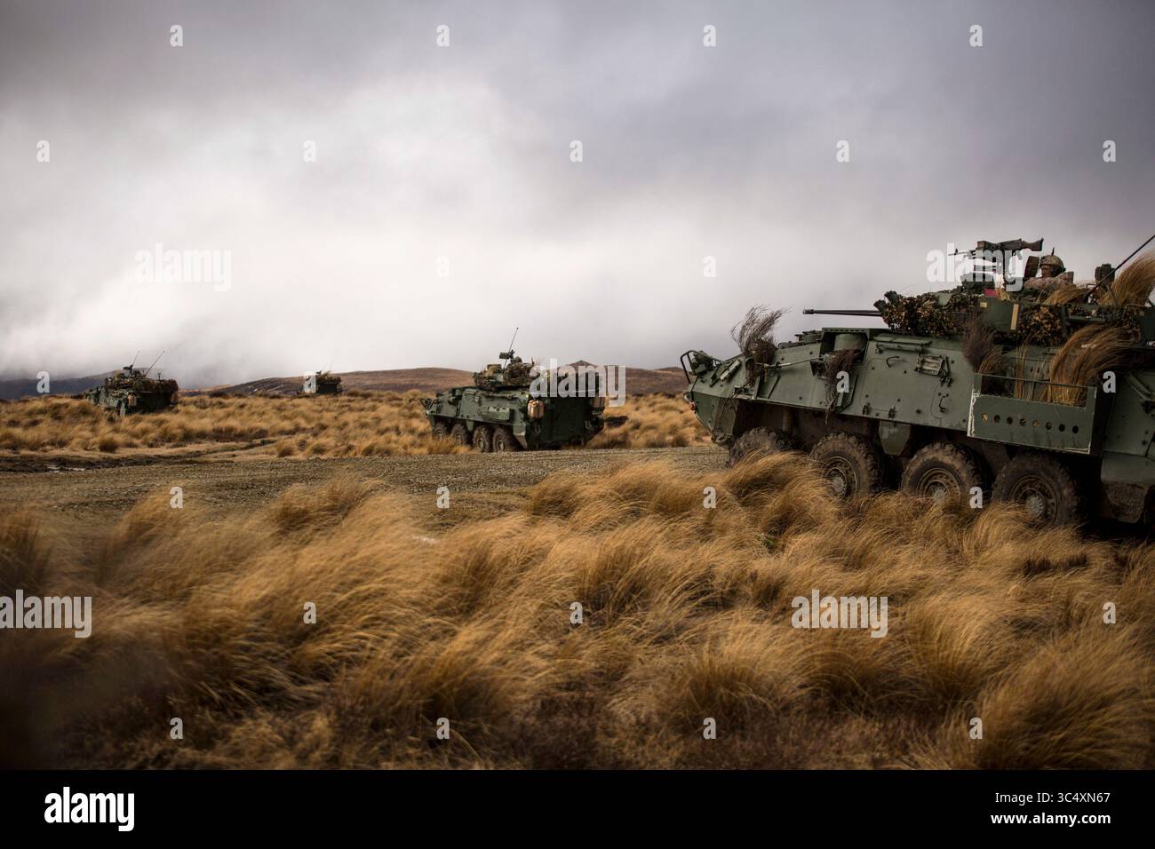 26 settembre 2018 - Waiouru, nuova Zelanda - i Marines statunitensi e i soldati dell'esercito reale neozelandese chiedono il fuoco da un veicolo blindato leggero come parte dell'esercitazione Joint Assault Signals Company Black, Waiouru Military Camp, nuova Zelanda, 26 settembre 2018. I Marines sono con la 1st Brigade, la 5th Air Naval Gunfire Liaison Company, il III Marine Expeditionary Force Information Group. (Immagine di credito: © U.S. Marine Corps via ZUMA Wire/ZUMAPRESS.com) Foto Stock