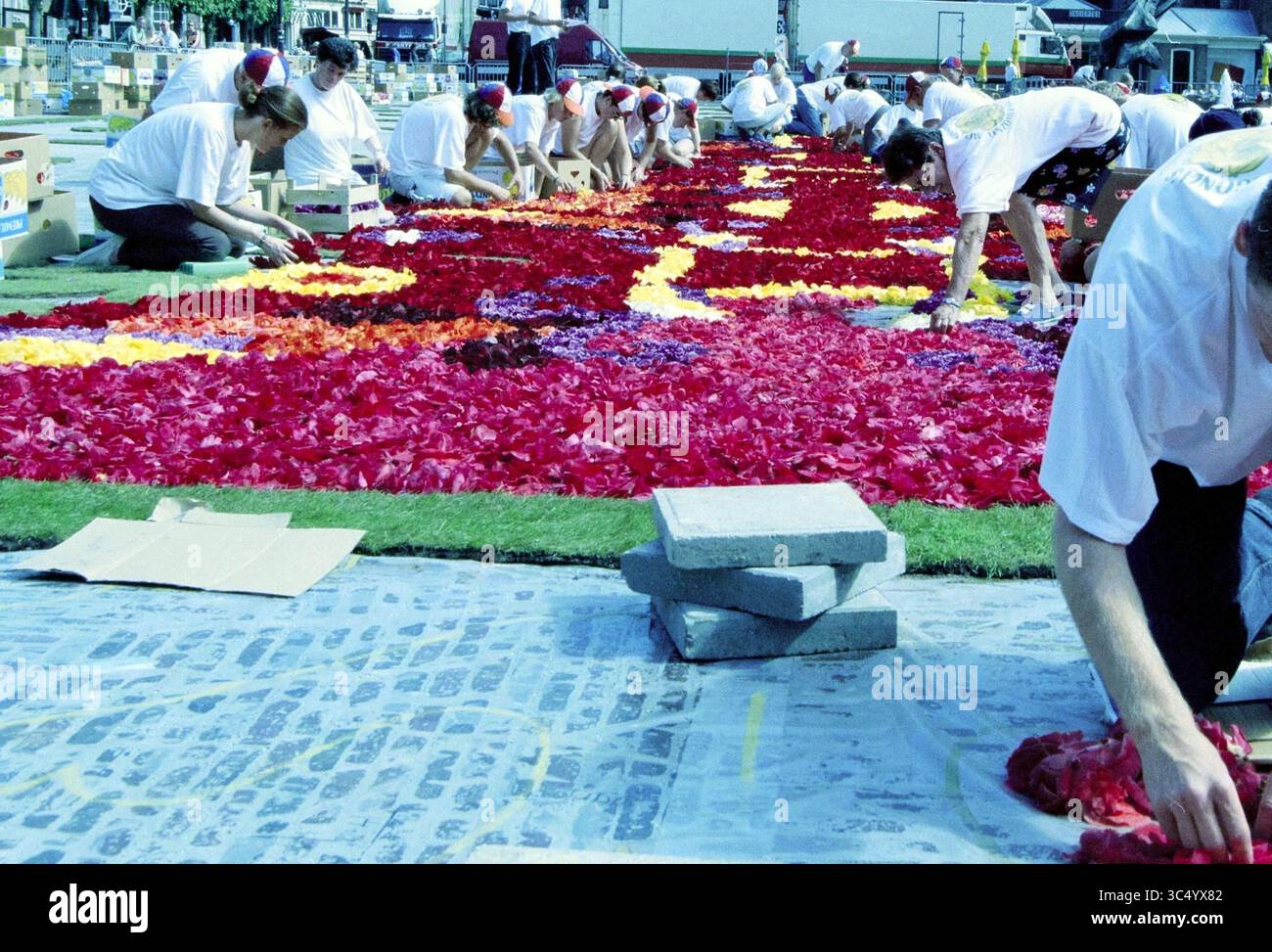 Construction Floral carpet, Haarlem, Paesi Bassi, 28-08-2002 Whizgle News, Dutch Desk, i Paesi Bassi, 1950-2000 Un gruppo di individui organizza meticolosamente vivaci petali sul terreno per creare un elaborato design floreale, lavorando insieme in un vivace ambiente all'aperto. Foto Stock
