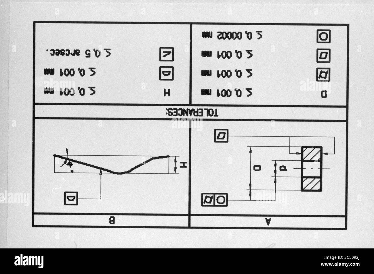 Tre grafici, 18-01-1994 Whizgle News, Dutch Desk, Paesi Bassi, 1950-2000 Un diagramma tecnico che presenta le specifiche di tolleranza e le misure. Include sezioni etichettate con valori numerici, rappresentazioni geometriche e annotazioni che indicano vari parametri e quote per una progettazione tecnica precisa. Foto Stock