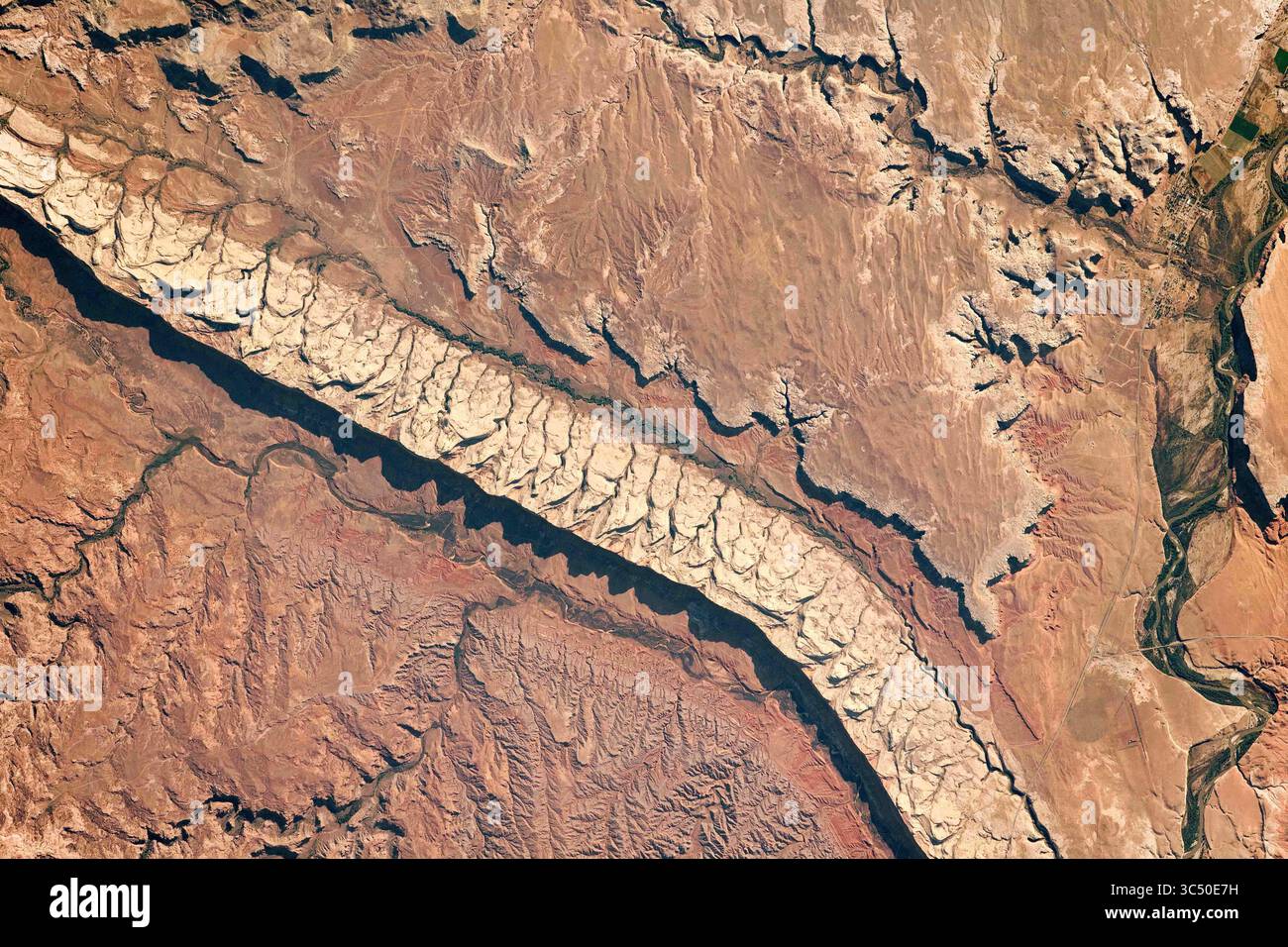 20 agosto 2019 - Utah, Stati Uniti - i deserti dello Utah offrono molti esempi di esposizione geologica. Accentuata da ombre drammatiche, questa fotografia mostra canyon e topografia prominente intorno a Comb Ridge, come osservato da un astronauta a a bordo della stazione spaziale Internazionale (ISS). La città di Bluff, Utah, è una delle poche impronte umane su questo paesaggio sudoccidentale degli Stati Uniti. Comb Ridge è un grande esempio di formazione geologica nota come monoclina. Questo tipo di struttura si verifica quando in precedenza gli strati di roccia piani si piegano verso il basso in una direzione e poi si appiattiscono lontano dalla curva. Questa escarpm Foto Stock