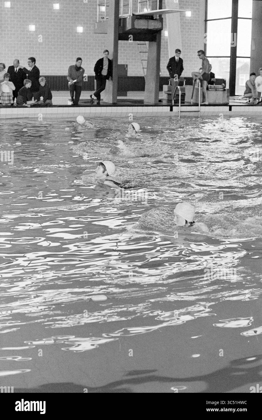 Nuotatori in piscina con parti interessate sul lato Whizgle News, Dutch Desk, Paesi Bassi, 1950-2000 Un gruppo di nuotatori sincronizzati pratica in una piscina, mostrando le loro abilità come gli spettatori osservano da bordo campo. L'acqua scintillante riflette i loro movimenti e l'ambiente circostante. Foto Stock
