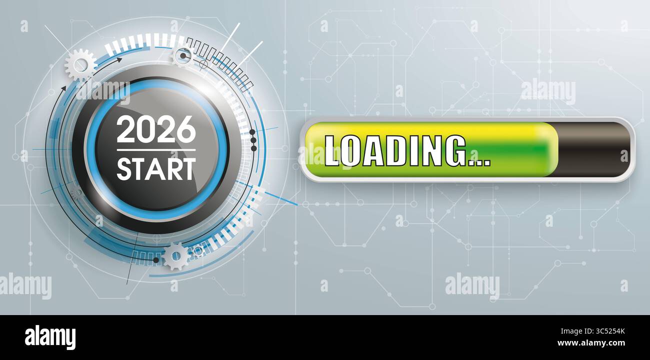 2026 pulsante di avvio pulsante del banner di caricamento della scheda a circuito stampato con barra di avanzamento e testo 2026 Avvio. Foto Stock