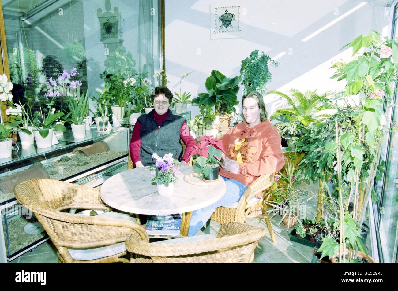 Due donne tra le piante e un terrario Whizgle News, Dutch Desk, Paesi Bassi, 1950-2000 due persone siedono a un tavolo rotondo adornato di piante in vaso, circondato da un vivace assortimento di vegetazione. Sembrano rilassati e impegnati nella conversazione, con un'atmosfera soleggiata che illumina il loro ambiente accogliente. Foto Stock