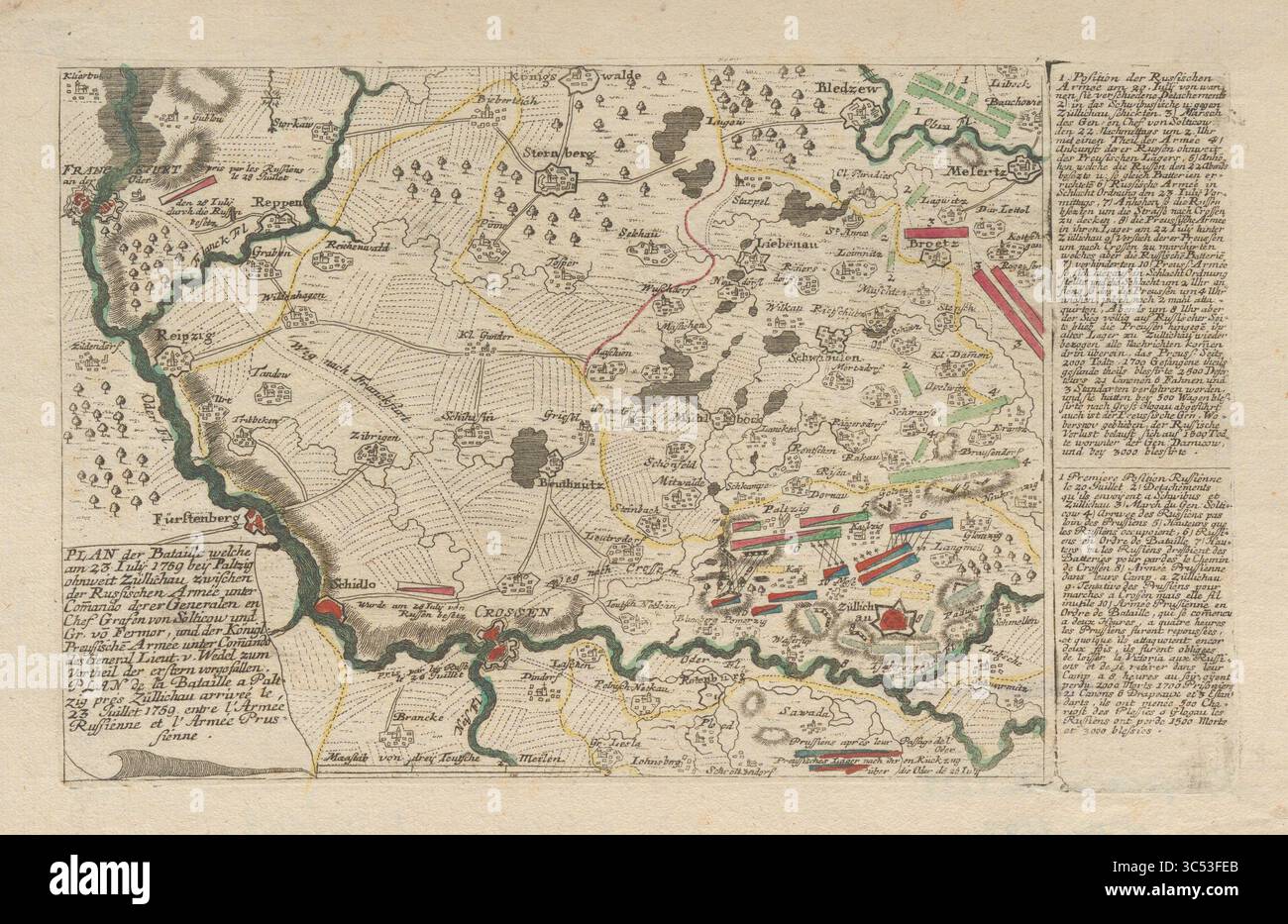 Piano della Battaglia di Paltzig il 23 luglio 1759, durante la Guerra dei sette anni, .. Mappa della battaglia illustrata di vintage Archive Foto Stock