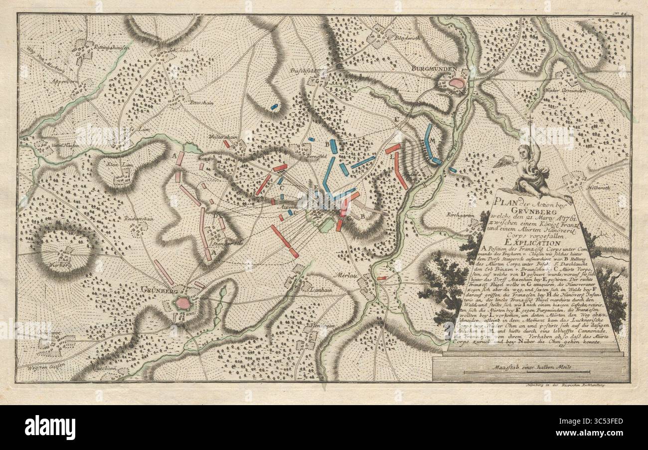 Piano della Battaglia di Grünberg il 21 marzo 1761, durante la Guerra dei sette anni, .. Mappa della battaglia illustrata di vintage Archive Foto Stock
