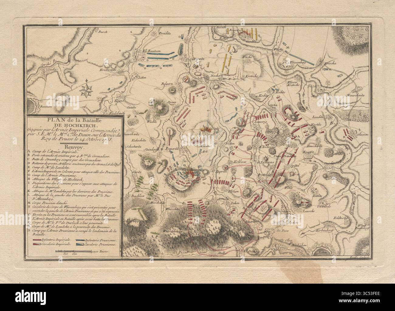 Piano della Battaglia di Hochkirch il 14 ottobre 1758, durante la Guerra dei sette anni, .. Mappa della battaglia illustrata di vintage Archive Foto Stock