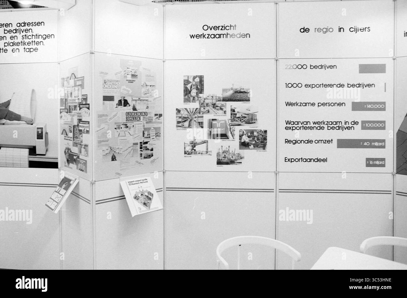 Stand Chamber of Commerce, Business Fair, Chamber of Commerce and Facilities, 08-05-1989 Whizgle News, Dutch Desk, Paesi Bassi, 1950-2000 uno stand espositivo che mostra le statistiche chiave e le informazioni visive sulle aziende locali, tra cui dati sull'esportazione e approfondimenti economici. Il layout presenta vari grafici, spiegazioni testuali e immagini che evidenziano le attività regionali e il numero di aziende coinvolte nel commercio. Foto Stock