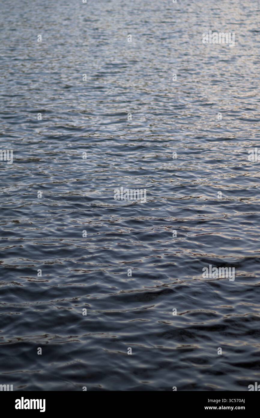 Primo piano di ondulazioni di acqua soffice sotto la luce naturale. Ondulazioni delicate e riflessi di luce creano una superficie acquatica rilassante ideale per il nuoto Foto Stock