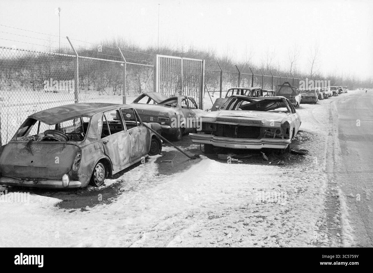 Naufragi di automobili bruciati nel campo carovaniere di IJmuiden, incendi, vigili del fuoco, IJmuiden, Paesi Bassi, 14-12-1981 Whizgle News, Dutch Desk, Paesi Bassi, 1950-2000 veicoli abbandonati, fortemente corrosi e ricoperti di neve, fiancheggiano una strada accanto a una recinzione a catena. La scena evoca un senso di desolazione, con i resti dei viaggi passati lasciati a decadere nel freddo e tranquillo paesaggio. Foto Stock