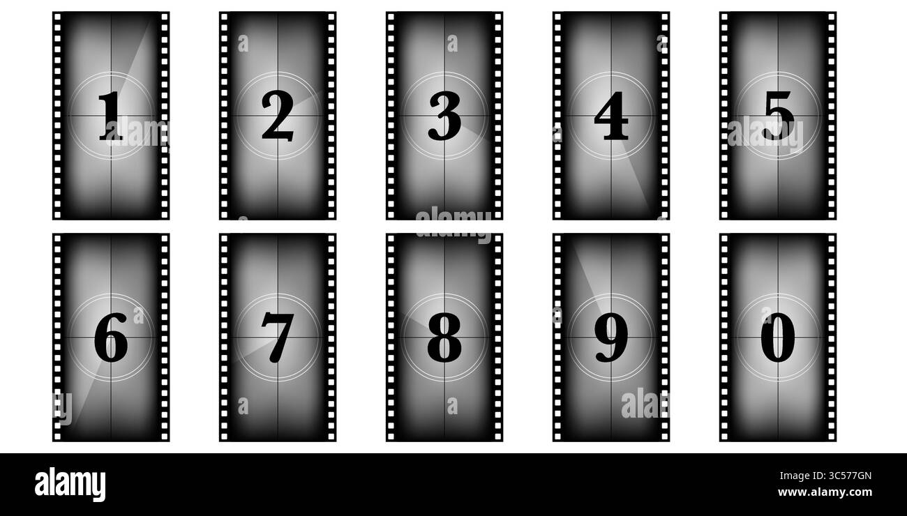 timer per conto alla rovescia 9x16 con disposizione verticale della bobina di pellicola. Sequenza dello schermo vintage per clip in movimento, introduzione della fotocamera o avvio della televisione. Striscia abrasiva Illustrazione Vettoriale