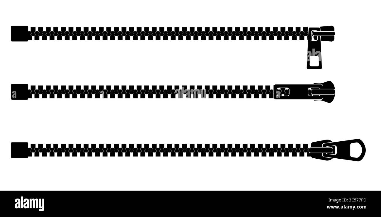 Dispositivo di fissaggio con chiusura a cerniera con cursore aperto a metà. Disegno vettoriale della fibbia dell'abbigliamento per zaino o abbigliamento sportivo. Disegni dettagliati in stile CAD per la moda Illustrazione Vettoriale