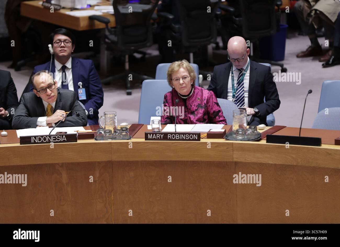 9 gennaio 2020, New York, NY, Stati Uniti: Nazioni Unite, New York, USA, 09 gennaio 2020 - Mary Robinson, presidente degli anziani durante la riunione del Consiglio di sicurezza sul mantenimento della pace e della sicurezza internazionale e il mantenimento della carta delle Nazioni Unite oggi presso la sede delle Nazioni Unite a New York. foto: Luiz Rampelotto/EuropaNewswire. (Immagine di credito: © Luiz Rampelotto/ZUMA Wire) Foto Stock