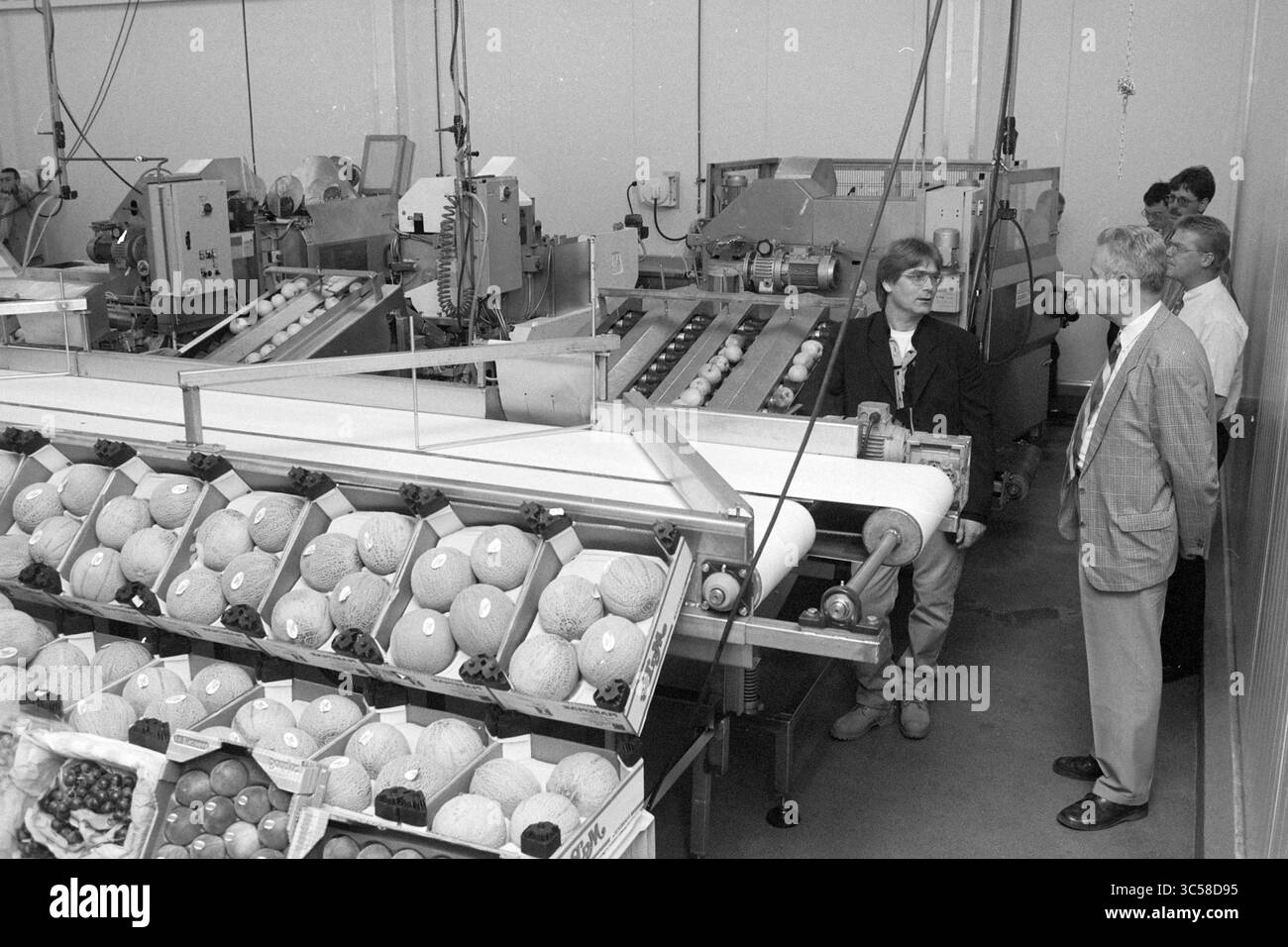 Apple processing Company Zaagsma, Velserbroek, 30-05-1997 Whizgle News, Dutch Desk, Paesi Bassi, 1950-2000 Un gruppo di persone osserva macchinari progettati per la selezione e la lavorazione della frutta, con file di meloni esposti nelle vicinanze, evidenziando un'impostazione avanzata della produzione agricola. Foto Stock