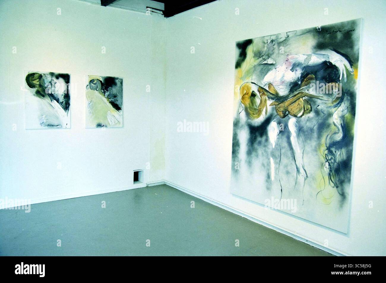 Dipinto di Ger la Tartie, Heemstede, Heemstede, Paesi Bassi, 22-06-2000 Whizgle News, Dutch Desk, Paesi Bassi, 1950-2000 la scena presenta una galleria d'arte con tre dipinti astratti esposti sulle pareti bianche. Due opere più piccole sono appese a sinistra, mentre un pezzo più grande e complesso domina il lato destro, mostrando una miscela di forme vorticose e colori tenui che evocano un senso di movimento ed emozione. Il pavimento e' un semplice grigio, che fornisce uno sfondo sottile alle opere d'arte. Foto Stock