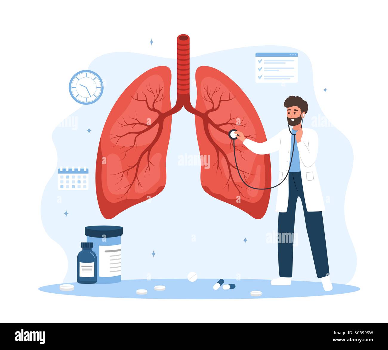 Concetto di polmonologo. Controllo medico. Dottore maschio che ascolta grandi polmoni realistici con stetoscopio. Illustrazione del vettore piatto Illustrazione Vettoriale