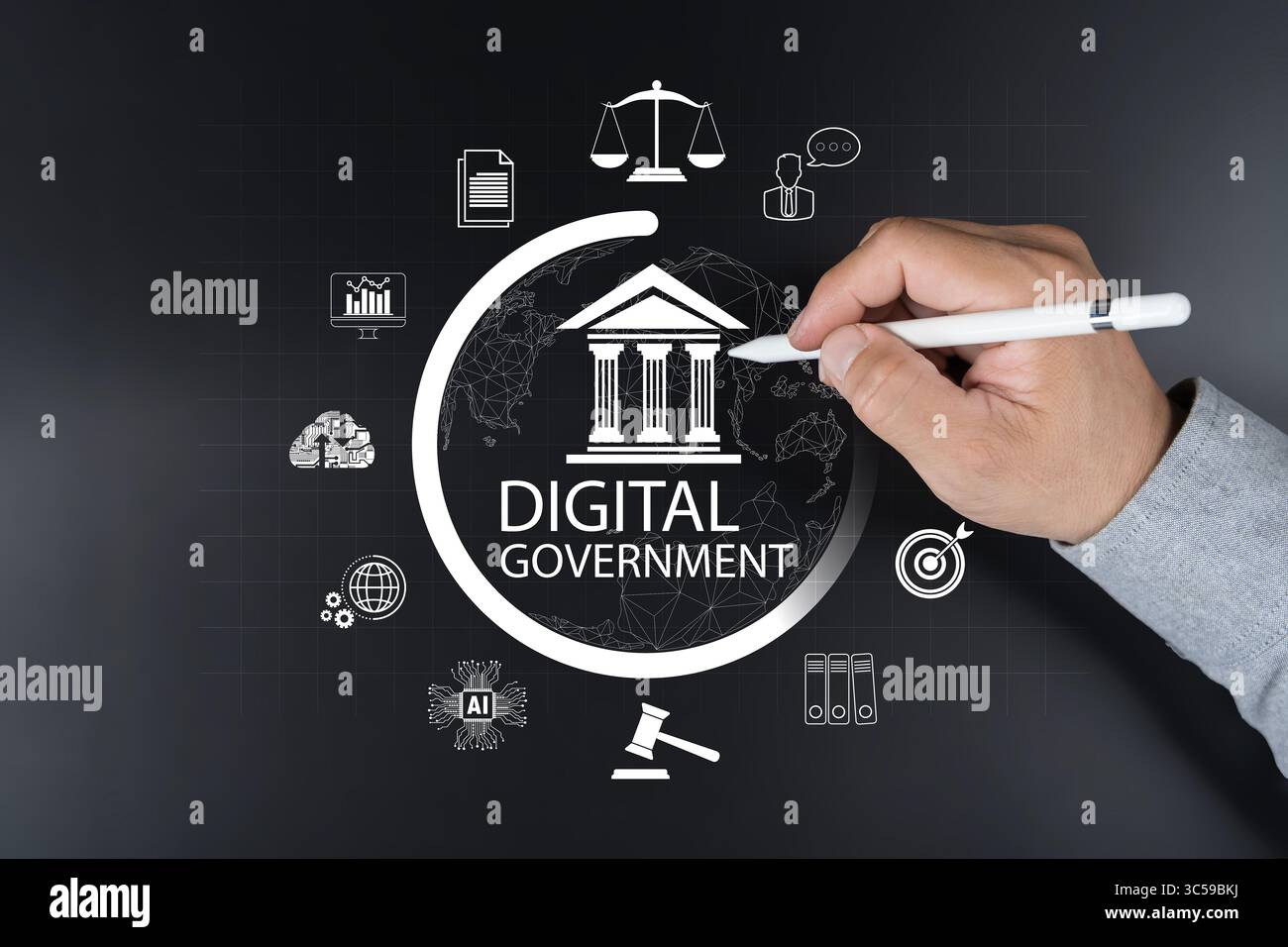 Concetto visivo della pubblica amministrazione digitale. Include icone per intelligenza artificiale, cloud computing, analisi dei dati, sistema legale e pubblico digitale Foto Stock