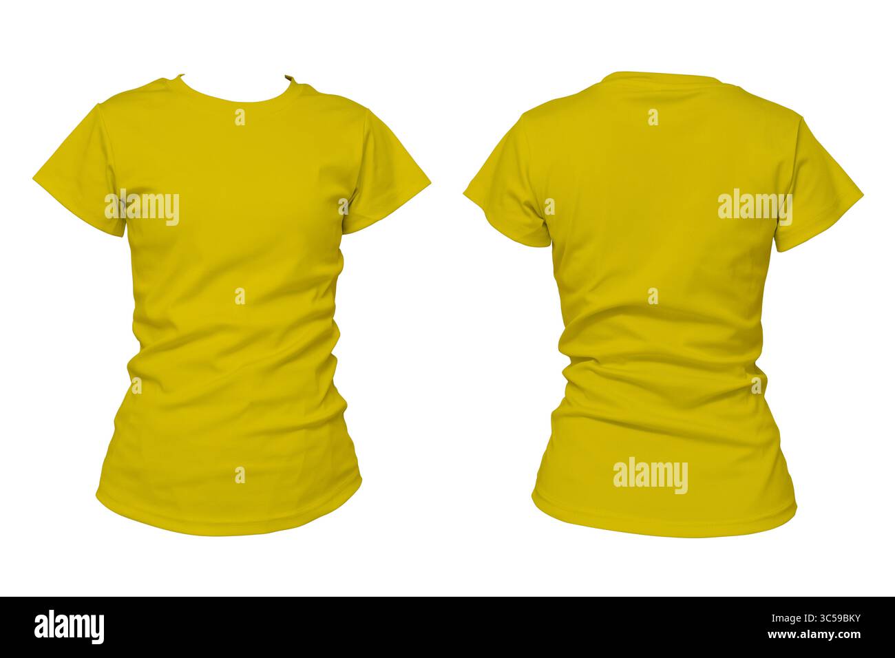 Vista anteriore e posteriore della t-shirt da donna gialla semplice isolata su sfondo bianco. Ideale per mockup, presentazioni di moda, design di abbigliamento, reggiseno di abbigliamento Foto Stock