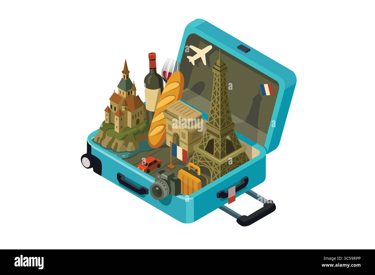Un'illustrazione vettoriale di Isometric France Travel in a Suitcase Concept Illustrazione Vettoriale