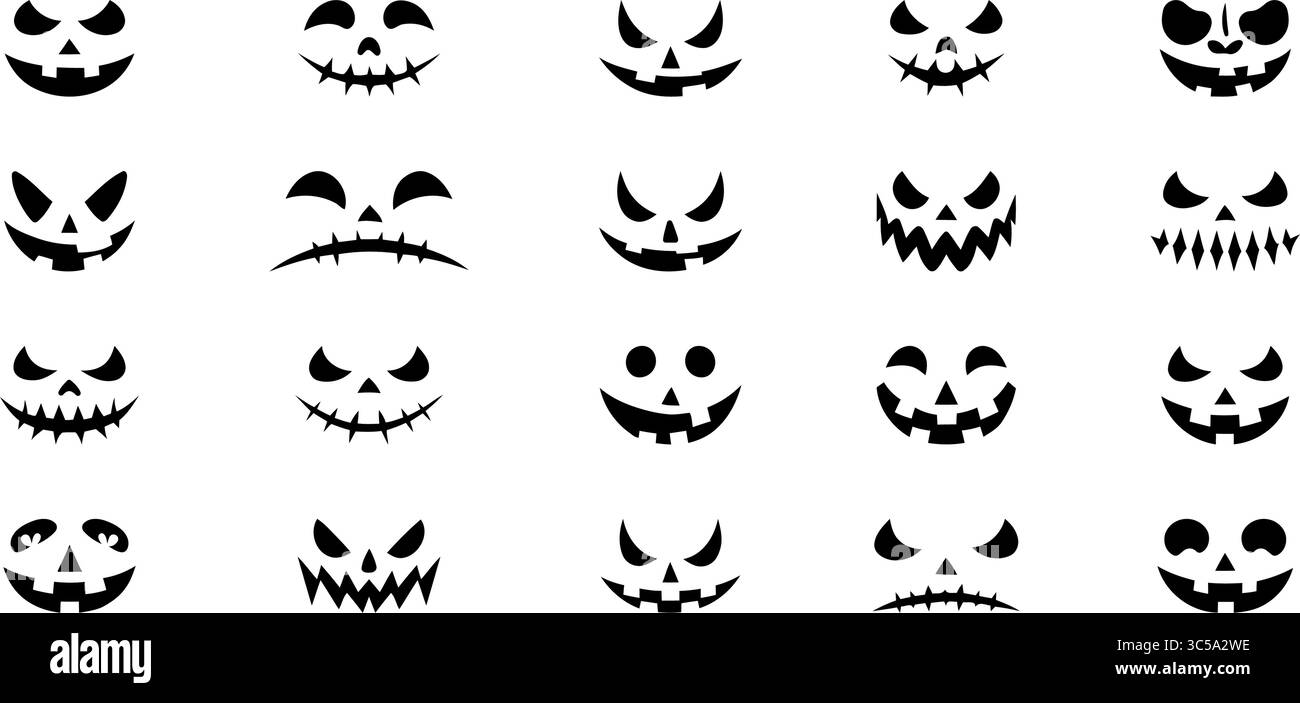 Una griglia di diversi volti illustrati in bianco e nero di zucca di Halloween con varie espressioni spaventose, spaventose e striscianti. Illustrazione Vettoriale