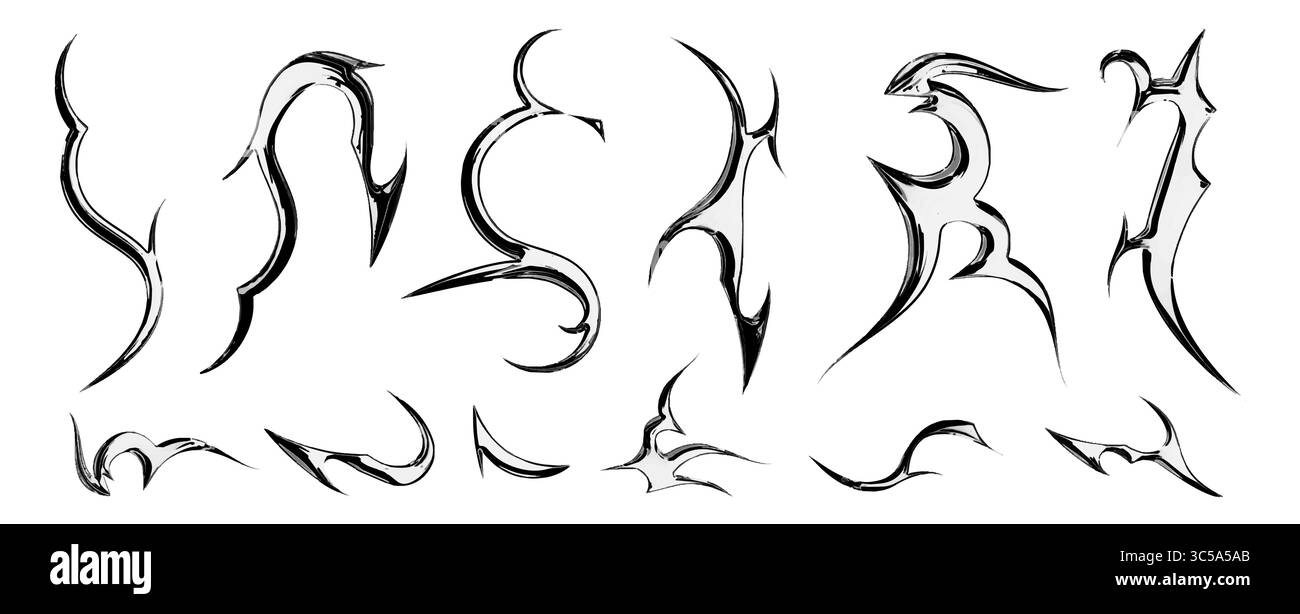 Disegni tribali in metallo y2k con elementi gotici per body art e grafica decorativa. Motivi di fiamma neri astratti con uno stile estetico audace. Moderne illustrazioni vettoriali metalcore. Illustrazione Vettoriale