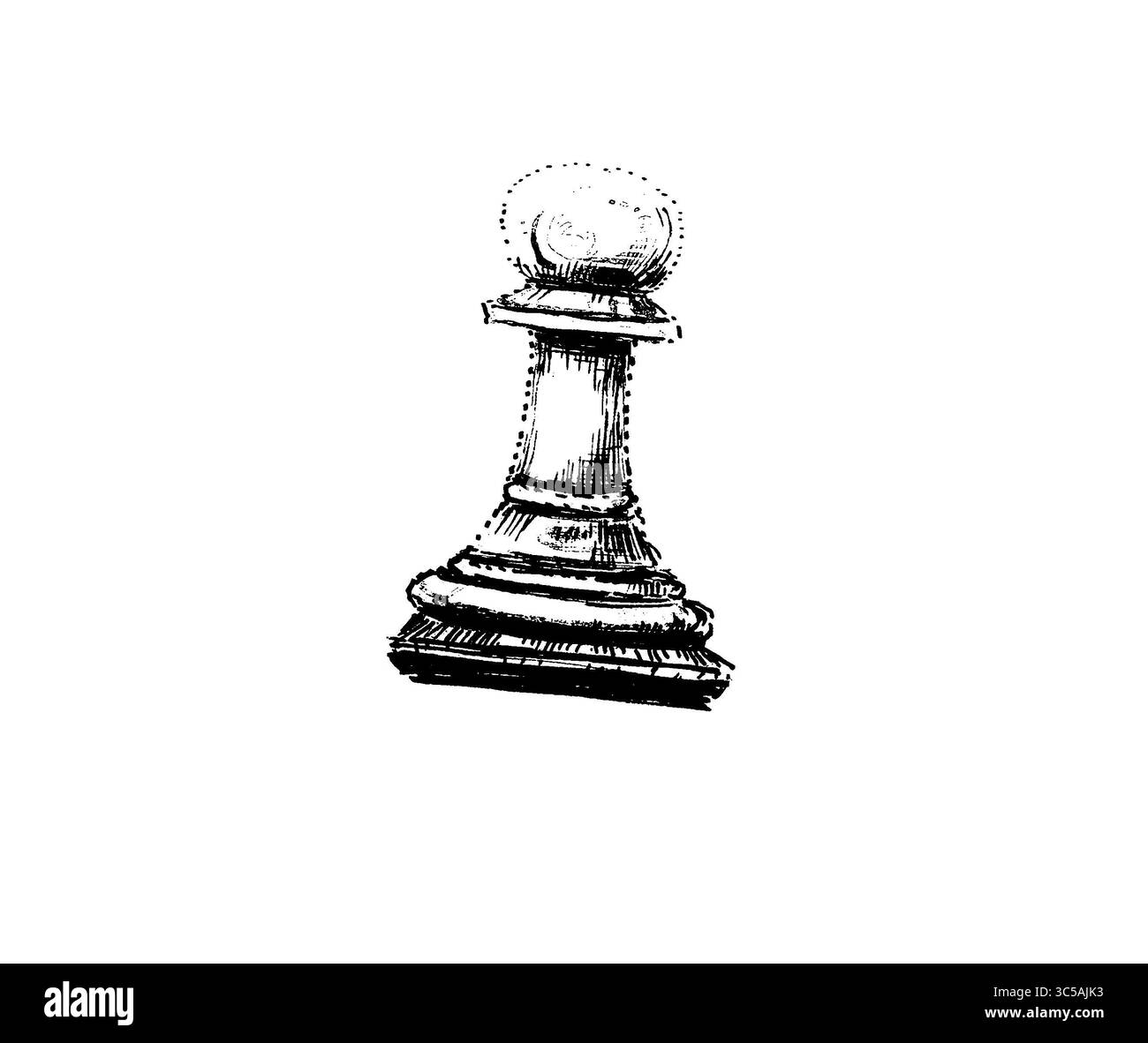Illustrazione stilizzata di un pedone a scacchi. Isolato su sfondo bianco. Con varie linee, ornamenti, decorazioni e riempimenti. Colore nero. texture per la stampa. Pezzo bianco. Monocromatico. Foto Stock