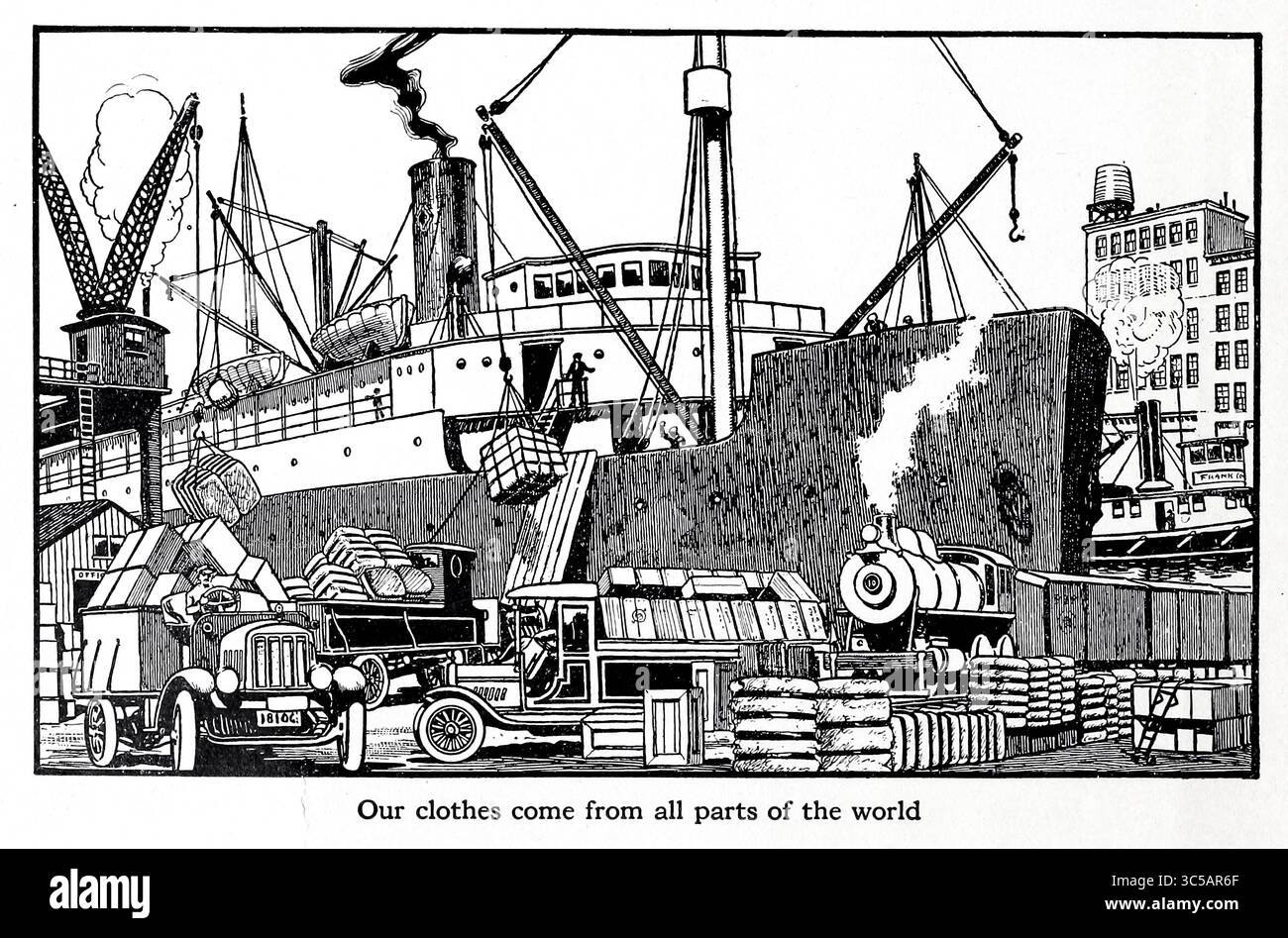 I nostri vestiti provengono da tutte le parti del mondo dal libro The Clothes We Wear della serie The Journey Club Travels di Carpenter, Frank G. (Frank George), 1855-1924 pubblicato New York, Cincinnati : American book Company 1926 in questo libro The Journey Club Travels per vedere da soli come vengono prodotti i loro vestiti. Foto Stock