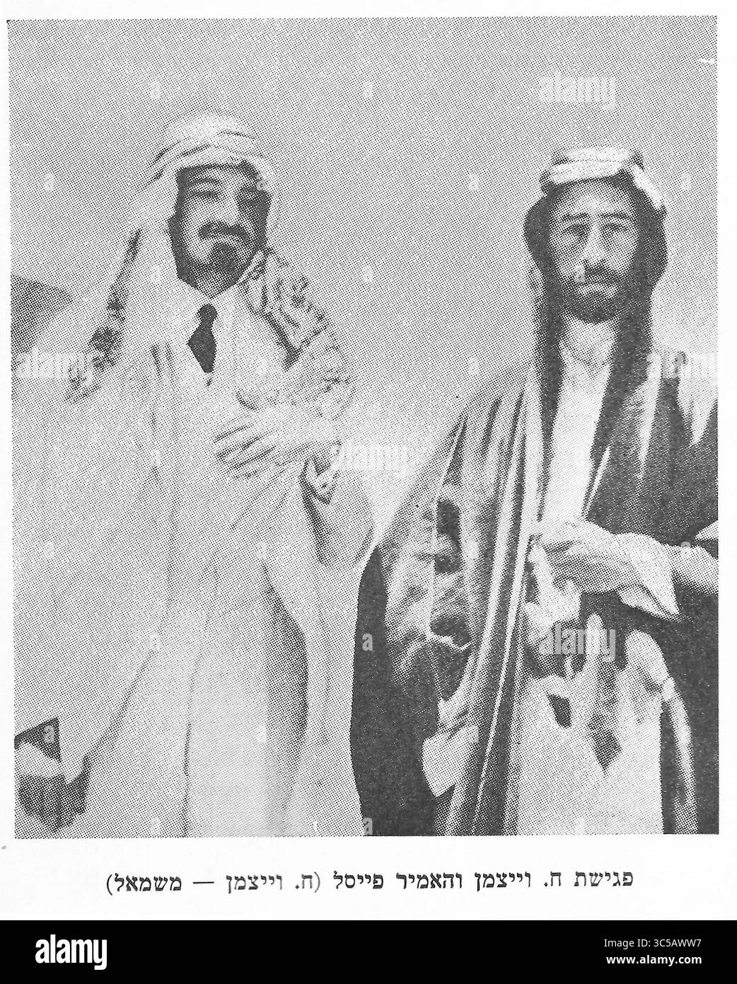 Emiro Faysal i e Chaim Weizmann (a sinistra, indossando il copricapo arabo come segno di amicizia) nel 1918 in Transgiordania Foto Stock