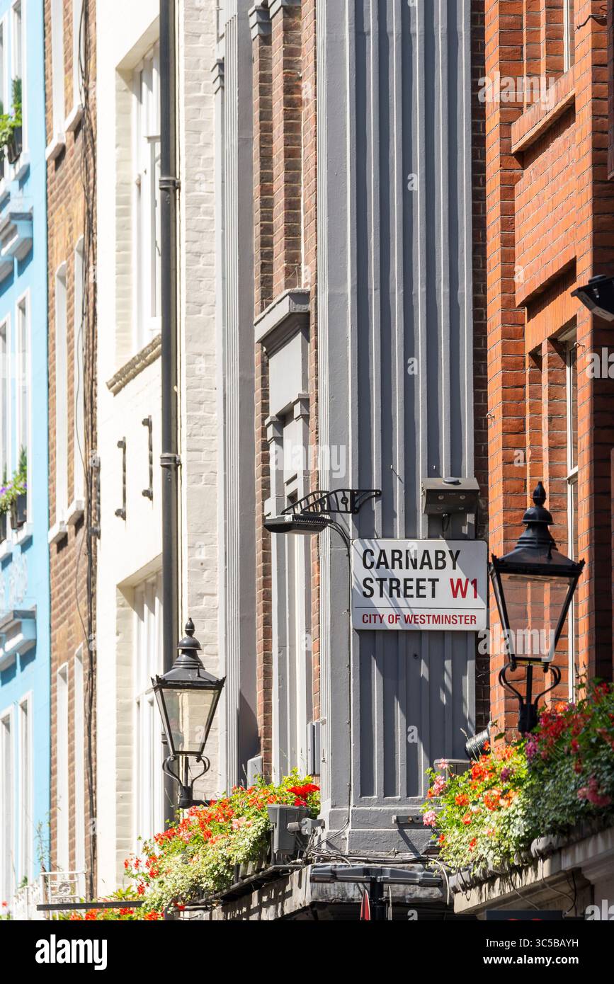 Cartello di Carnaby Street con architettura tradizionale, fioriere e lanterne in vecchio stile nella City of Westminster, l'iconica area dello shopping di Londra. Foto Stock