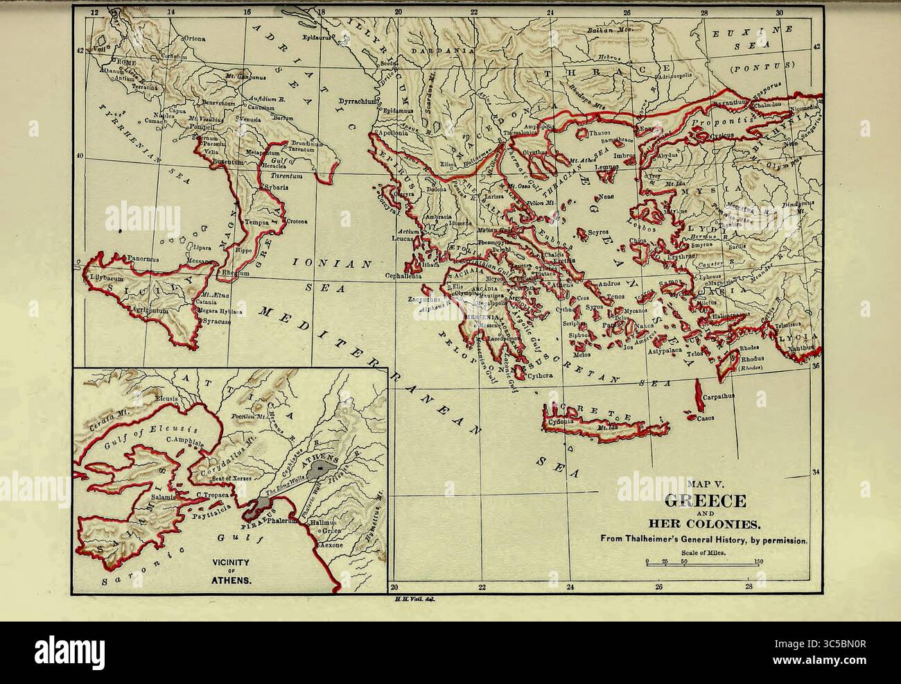 Mappa della Grecia e delle sue colonie dal LIBRO VIII - GRECIA nel volume 10, della storia universale di Ridpath: Un resoconto dell'origine, della condizione primitiva e dello sviluppo etnico delle grandi razze dell'umanità, e dei principali eventi nell'evoluzione e nel progresso della vita civile tra uomini e nazioni, da fonti recenti e autentiche con un'indagine preliminare sul tempo, il luogo e le modalità dell'inizio di Ridpath, John Clark, 1840-1900 pubblicato nel 1897 Foto Stock